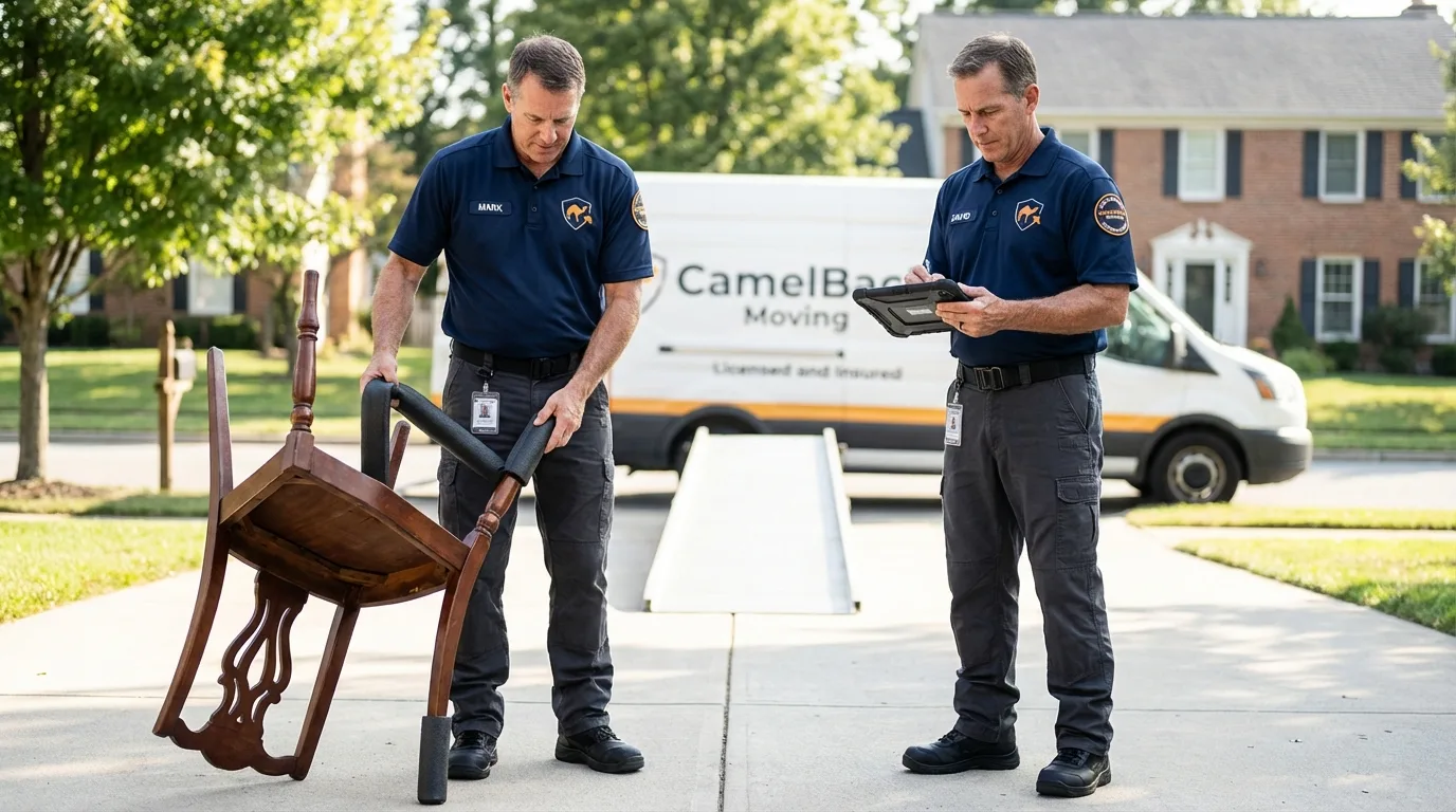 Movers inspecting furniture for damage prevention before loading in Van Buren, MO